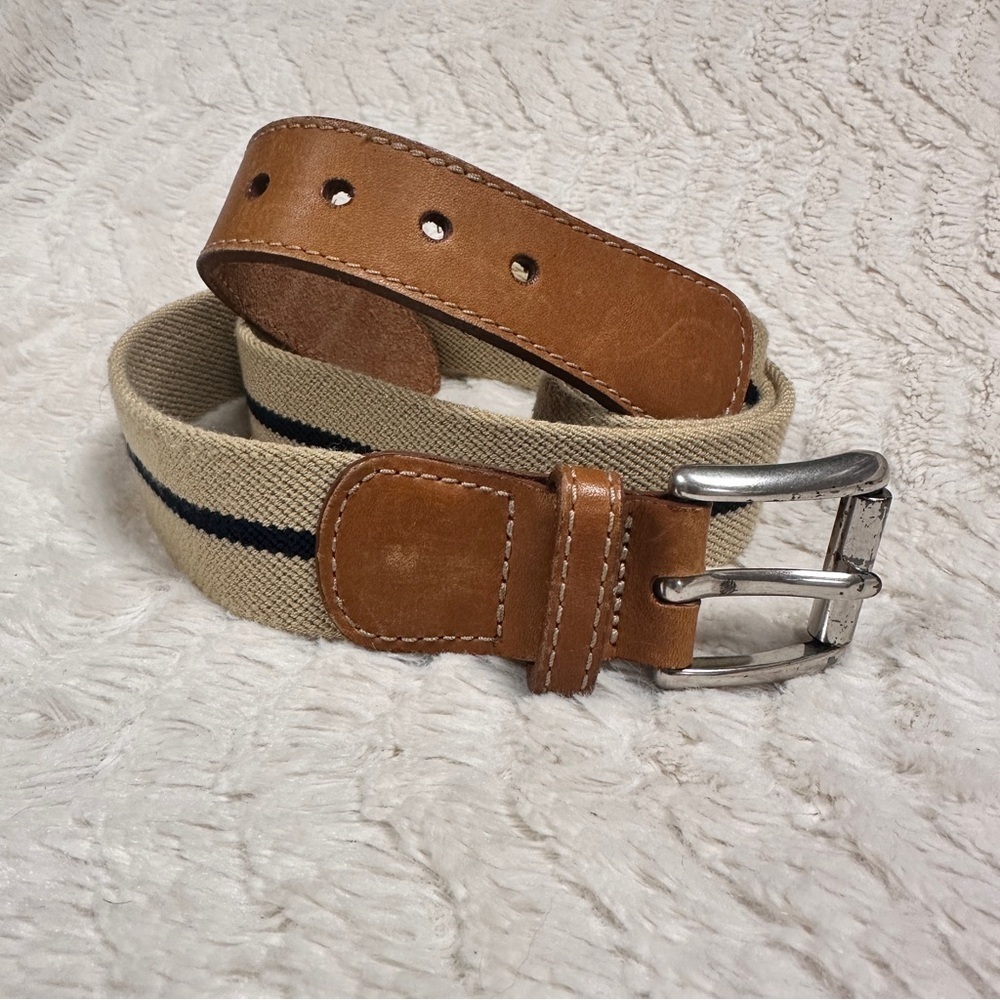 LL Bean men’s belt stretchy tan with black stripe fabric 40 " to center hole